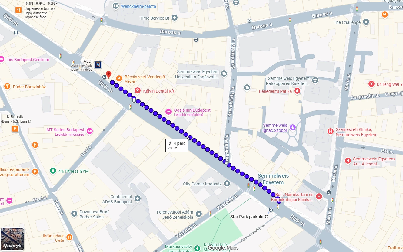 Útvonal a Star Park parkolótól a Pura Flow Masszázs szalonig