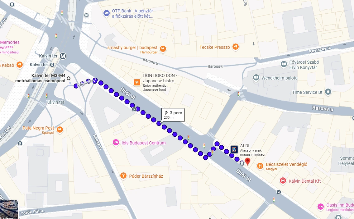 Megközelítés a Kálvin tér metró megállótól gyalogosan